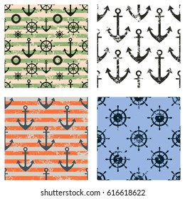 Set of vector seamless patterns. Steering wheel, life preserver, anchor, rope. Creative geometric backgrounds, nautical theme. Graphic illustration with attrition, cracks and ambrosia.