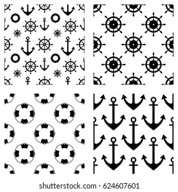 Set of vector seamless patterns. Steering wheel, life preserver, anchor, rope. Creative geometric backgrounds, nautical theme. Graphic illustration. Print for wrapping, decor, backgrounds