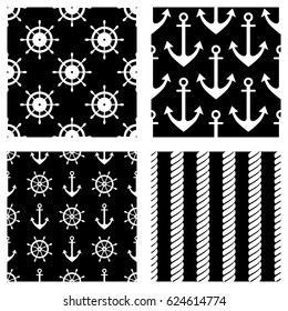 Set of vector seamless patterns. Steering wheel, life preserver, anchor, rope. Creative geometric backgrounds, nautical theme. Graphic illustration. Print for wrapping, decor, backgrounds