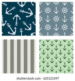 Set of vector seamless patterns. Steering wheel, life preserver, anchor, rope. Creative geometric backgrounds, nautical theme. Graphic illustration. Print for wrapping, decor, backgrounds
