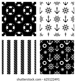Set of vector seamless patterns. Steering wheel, life preserver, anchor, rope. Creative geometric backgrounds, nautical theme. Graphic illustration. Print for wrapping, decor, backgrounds
