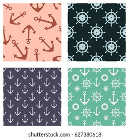 Set of vector seamless patterns. Steering wheel, life preserver, anchor, rope. Creative geometric backgrounds, nautical theme. Graphic illustration. Print for wrapping, decor, backgrounds
