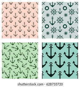 Set of vector seamless patterns. Steering wheel, life preserver, anchor, rope. Creative geometric backgrounds, nautical theme. Graphic illustration. Print for wrapping, decor, backgrounds