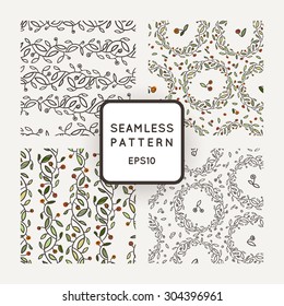 Set of vector seamless patterns of stylized branches with leaves and cherries, wreaths