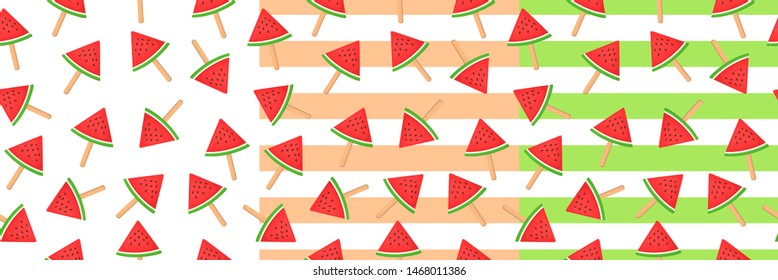Set of vector seamless patterns with summer motif - juicy watermelon slices and slices on striped background