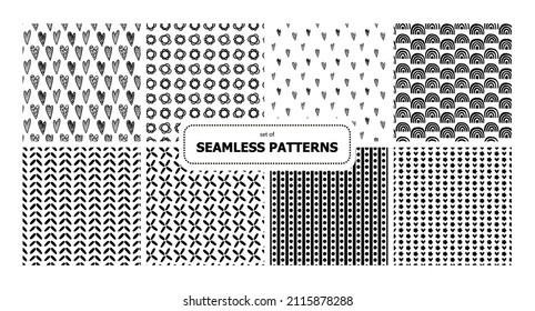 Set of vector seamless patterns. Surface design repeating tile. Black and white. Doodle plane hand drawn strokes hearts flowers ornament. Background for cards, printing on paper and fabric. 
