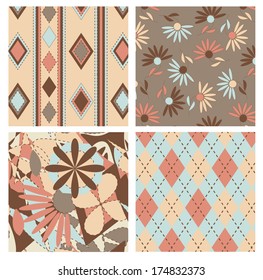 Set of vector seamless patterns with tartan and flowers