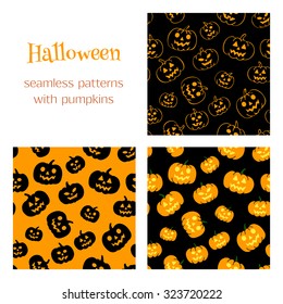 Set of vector seamless patterns with traditional carved pumpkins. Perfect backgrounds for your Halloween design.