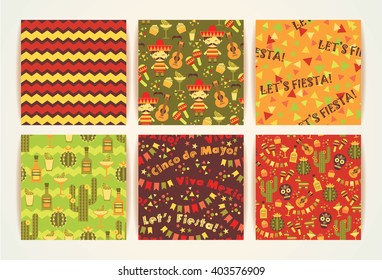 Set of vector seamless patterns with traditional Mexican symbols. Cinco de Mayo. Let 's Fiesta! Viva Mexico!