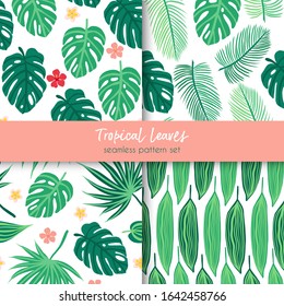 set of vector seamless patterns with tropical leaves. Exotic plants: monstera, banana, palm trees. vector hand drawn summer illustration. use for fabric, packaging paper