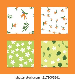 Set of vector seamless patterns with tropical elements, flowers, fruits, leaves. Trendy hand drawn textures. Modern vibrant design for paper, cover, fabric, indoor decor and more.