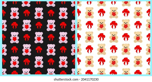 Set of vector seamless patterns for Valentine's Day. Cute bears and bright bows on a white and dark isolated background. 