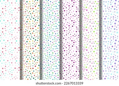 Set of vector seamless patterns of various multicolored stars on white background for fabric, textile, wallpapers, postcards, placards 