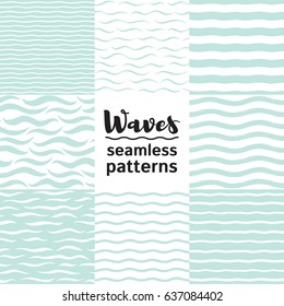 Set of vector seamless patterns with various waves, wavy stripes, undulating streaks, bars, lines. Water, sea, marine, maritime, naval endless textures collection. Hand drawn stylized water templates.