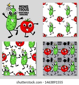 Set of vector seamless patterns with vegetables. Hand drawn illustration of tomatoes and cucumbers. Print on T-shirts, bags and and other fashion products. Design children's clothing and accessories.