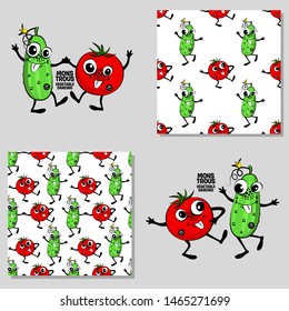 Set of vector seamless patterns with vegetables. Hand drawn illustration of tomatoes and cucumbers. Print on T-shirts, bags and and other fashion products. Design children's clothing and accessories.