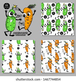 Set of vector seamless patterns with vegetables. Hand drawn illustration of carrots and cucumbers. Print on T-shirts, bags and and other fashion products. Design children's clothing and accessories.