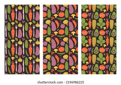 Set of vector seamless patterns with vegetables, mushrooms, berries, cutlery in flat graphic style. Background on vegetarian, vegan, healthy nutrition theme for wrapping paper, wallpaper, textile.