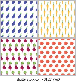 set of vector seamless patterns with vegetables: carrot, eggplant, beet, tomato