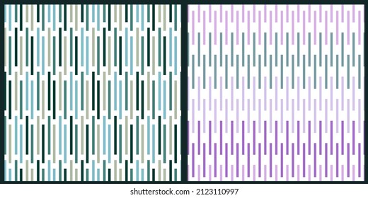 Set of vector seamless patterns. Vertical short lines in pastel colors on a white isolated background. 