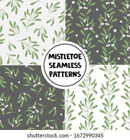Set of vector seamless patterns with white mistletoe; natural design for fabric, wallpaper, wrapping paper, textile, packaging, web design.