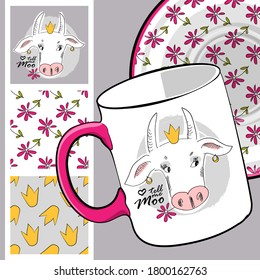 Set vector seamless patterns and  white cow princess  cup   saucer  Print T  shirts  cups   other fashion products  Design clothing   accessories  