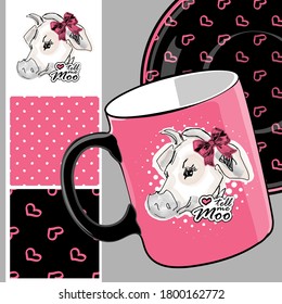 Set of vector seamless patterns with  white cow, cup and saucer. Print on T-shirts, cups and other fashion products. Design clothing and accessories. 