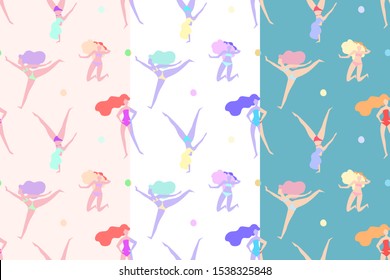 Set of Vector seamless patterns with women in swimsuits on beach playing ball. Design element for summer vacation, beach valleyball, feminism and freedom of women.