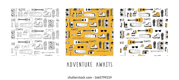 Set Of Vector Seamless Patterns In Yellow, White, Black Colors. Modern Endless Texture. Forever Young. Boots, Flashlight, Guitar, Sleeping Bag, Compass, Radio, Fishing Rod, Camera. Lettering. Print