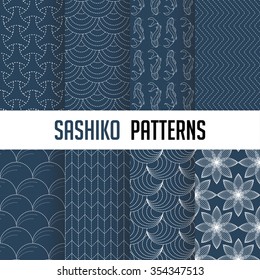 Set of Vector seamless pattern.Traditional Japanese Embroidery Ornament with fans. 