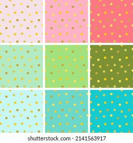 Set of vector seamless pink, green, turquoise backgrounds with golden polka dots. Simple classic patterns in bright and pastel pink, coral, mint, olive, turquoise. For the design of cards, textiles