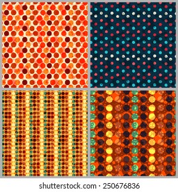 Set of vector seamless polka dot patterns. Grunge spotted background with paint splatter for card design, website wallpaper. EPS10 geometric abstract backdrop. Colorful repetitive textile patterns.