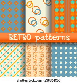 set of vector seamless retro pattern with dots, stripes and floral elements