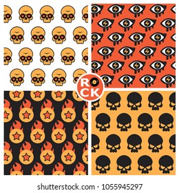 set of vector seamless rock patterns with skull , star and eyes
