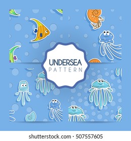 Set of vector seamless sea pattern with green and orange fish, jellyfish and nautiluses. Pattern for children.