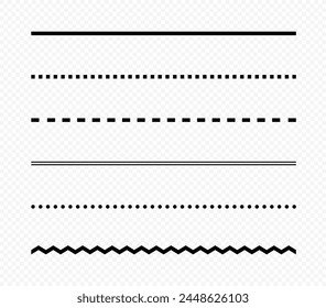 Set of vector seamless straight lines of different styles: dots, dashes, square dots, zigzag