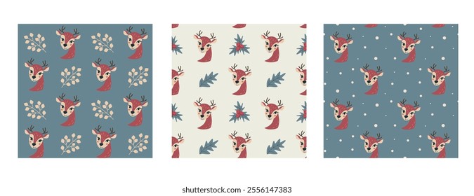 Set of vector seamless texture with fawn heads and winter plants. Collection of kids wallpapers with cute cartoon animals.