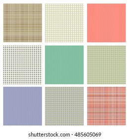 Set of vector seamless texture. Pastel different checkered, lined backgrounds in pastel colors, fabric swatch samples texture of cloth.