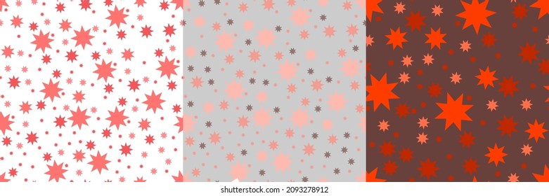 set of vector seamless textures on a monochromatic isolated background of different colors with asterisks in red and pink shades, min children vector pattern with asterisks