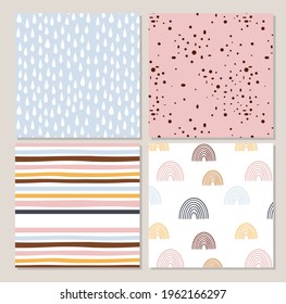 Set of vector seamless textures. Pattern with rainbows, drops, abstraction, stripes. Perfect for baby shower, birthday, kids party, packaging, wallpaper, fabric, prints.