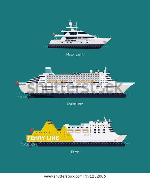 Set of vector seaway and ocean water transport\
passenger boats and ships with motor yacht, transatlantic cruise\
liner, passenger and car ferry. Merchant vessels in trendy flat\
design, side view