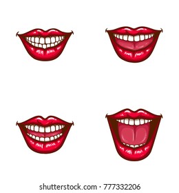 Set of vector sexy female lips in red glossy lipstick with white teeth, perfect smile, open, with tongue. Glamour mouths isolated on background. Pop art style illustration. Clipart for dental design