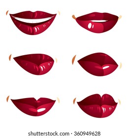 Set of vector sexy female red lips expressing different emotions and isolated on white background. Face parts, shiny women lips, design elements.
