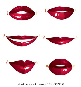 Set of vector sexy female red lips expressing different emotions and isolated on white background. Face parts, shiny women lips, design elements.