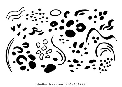 Set of vector shapes - animal spots, stripes, organic forms, abstract splash. Elements for postcard, pattern, decoration. Clip art hand drawn free forms and print.