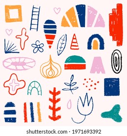 set of vector shapes - boho bogemian geometric splash spot.Elements for postcard, pattern, decoration. Clip art hand drawn scandinavian free forms.Childish color pencil texture.brush hand drawn