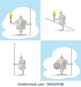 A set of vector shapes funny toy medieval knight with a spear and a torch in the hands isolated on white background