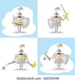 A set of vector shapes funny toy medieval knight in cloak with weapon isolated on white background