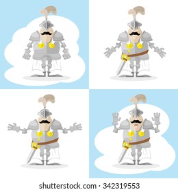 A set of vector shapes funny toy medieval knight in cloak with weapon isolated on white background