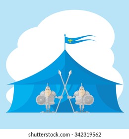 Set of vector shapes funny toy medieval knight with a spear and shield in the hands backdrop on tent isolated on white background